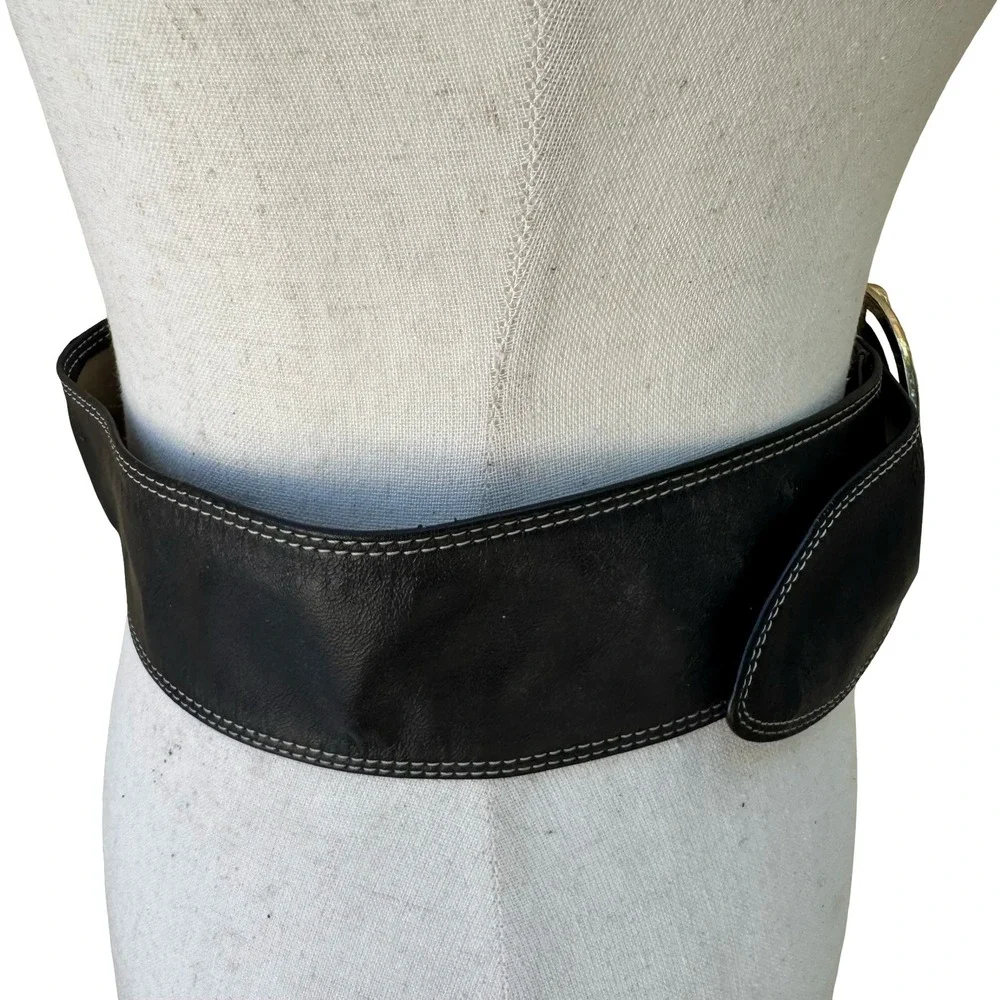 Tracy Reese Y2K Designer Edgy Boho Black Leather Wide Belt Orbital Buckle S